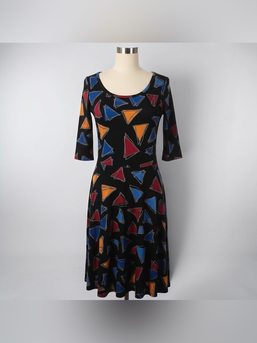LulaRoe Small Black & Multi Color Geometric Triangle Fit & Flare Midi Dress
